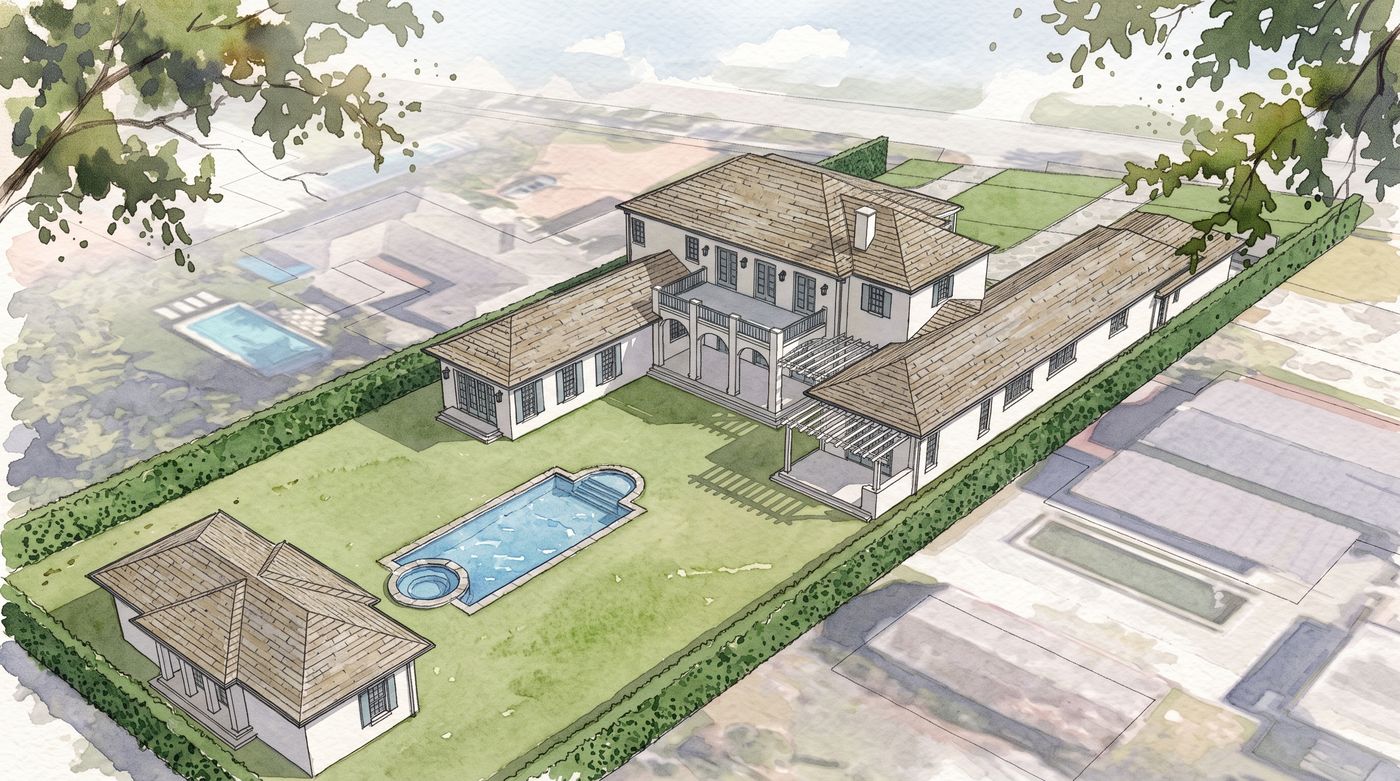 Artist's impression of the estate at No. 7695 South Flagler Drive from above, with pool and gardens